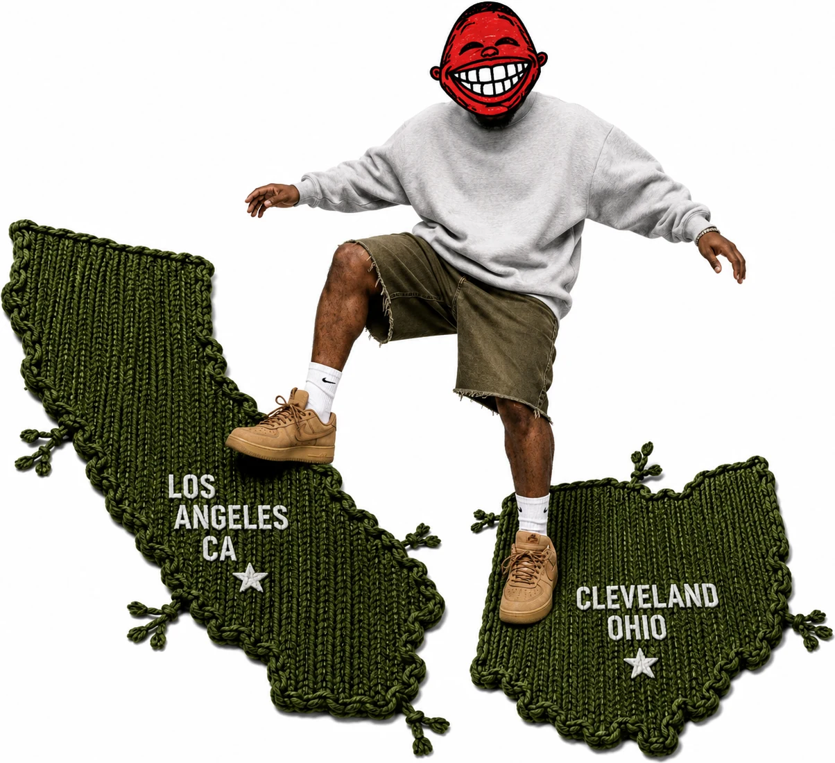 Tony Tru jumping across knit maps of California and Ohio